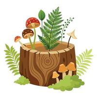 Creative Tree Log Planter With Mushrooms And Ferns Design vector