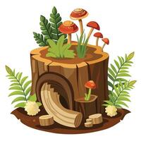 Charming Tree Log Planter Featuring Mushrooms And Ferns vector