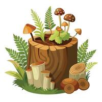 Tree Log Planter With Mushrooms And Ferns vector