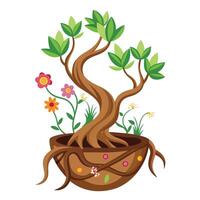 Charming Tree Root Planter Featuring Flowers Growing From The Roots vector