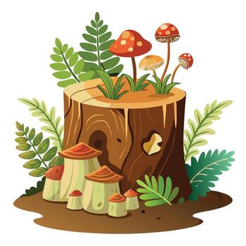 Tree Stump Planter With Mushrooms And Ferns vector