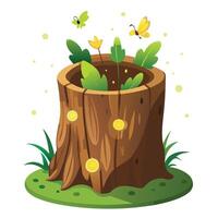 Charming Tree Trunk Planter Featuring Tiny Fireflies Flying Around vector