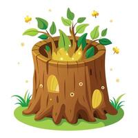 Tree Trunk Planter With Tiny Fireflies Flying Around vector