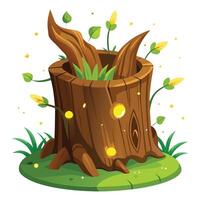 Creative Tree Trunk Planter With Tiny Fireflies Flying Around Design vector