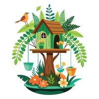 Charming Treehouse Birdfeeder Planter Featuring Hanging Ferns vector