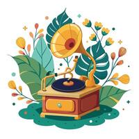 Creative Vintage Record Player Planter With Vines Around The Record Design vector