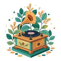 Unique Vintage Record Player Planter Showcasing Vines Around The Record vector