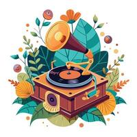 Charming Vintage Record Player Planter Featuring Vines Around The Record vector