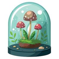 Unique Whimsical Mushroom Terrarium Showcasing A Glass Dome vector