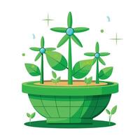 Charming Wind Powered Planter Featuring Tiny Rotating Turbines vector