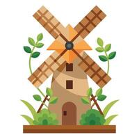 Charming Windmill Planter Featuring Greenery On Each Blade vector
