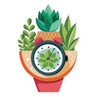 Charming Wristwatch Planter Featuring Tiny Succulents Growing From The Face vector
