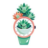 Wristwatch Planter With Tiny Succulents Growing From The Face vector