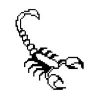 black and white pixel art scorpion design on white background, detailed retro digital graphic vector