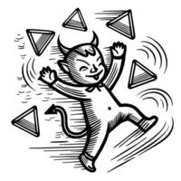 playful devil dancing energetically with triangles, whimsical humorous illustration, mischievous imp joyful movement vector