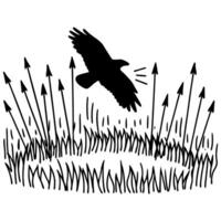 Silhouette of soaring bird above tall grass with upward arrows indicating growth and potential vector