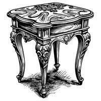 Vintage Ornate Wooden Table in Black and White Illustration with Intricate Carvings vector