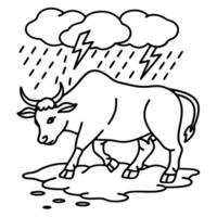 charging bull in thunderstorm black and white illustration with storm clouds and lightning vector