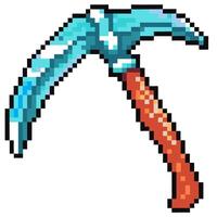 Pixel art pickaxe, red handle, blue blade retro gaming tool, mining, digital illustration vector