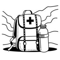 Emergency backpack and water bottle for survival preparedness vector