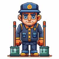 Pixel Art Janitor Character with Cleaning Tools in Uniform Illustration vector