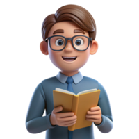 exemplary rustic Nerd with glasses, holding book, with Transparent Background professional png