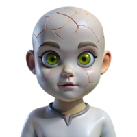 memorable artistic Isolated cutout of a photorealistic, hyper-specific porcelain doll with cracked skin and glowing eyes with Transparent Background authentic png