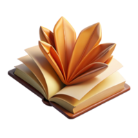 joyful enchanting Hyper-specific, photorealistic render of a single, open book with pages made of dried leaves with Transparent Background perfect clarity png