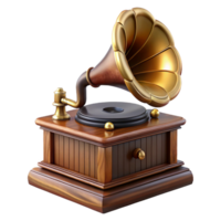 extraordinary exceptional Isolated cutout of a steampunk phonograph with a brass horn and ornate wooden base Photorealistic, ultra-detailed, professional render with Transparent Background png