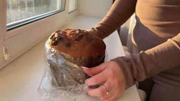 Filmed with vertical movement on the panettone. stands out on the table, an Italian specialty of pastry. The Christmas decorations embellish the table, you can glimpse a glass ready to toast. video