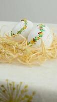 wheat easter eggs two white chicken eggs lie on a wooden table, a small light feather falls on top, against a background of ripe ears of wheat video