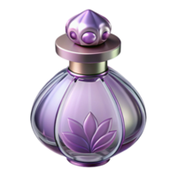 acclaimed art deco Ultra-detailed, isolated cutout of an Art Nouveau perfume bottle, slender glass with a stylized floral stopper, pale amethyst color with Transparent Background refined png