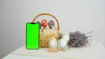 smart phone with empty screen , eggs , milk and almond nut on table video