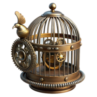 dramatic pristine Steampunk birdcage with intricate metalwork and a clockwork bird with Transparent Background 8K png