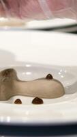 molecular cuisine Spreading the meat pate with mushrooms with a knife for breakfast close up. A luxurious restaurant serving mushroom pate on a white plate in the shape of a mushroom video