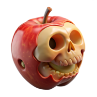 captivating artistic Professional render, isolated cutout of a hyper-specific, decaying apple with a miniature human skeleton visible inside with Transparent Background precision png
