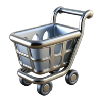 abbagliante eccezionale un' stilizzato shopping carrello icona, fatto di lucidato cromo con trasparente sfondo png