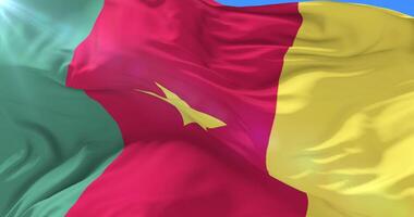 Cameroon flag waving at wind in slow with blue sky loop video