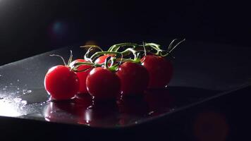 Tray with branch of natural fresh cherries tomatoes gyrating on black background video