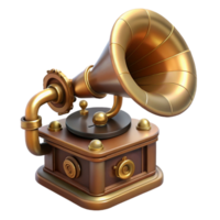 elegant unparalleled Steampunk gramophone with a brass horn and a hand crank with Transparent Background png