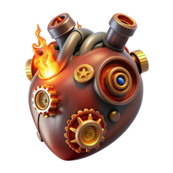 etéreo deslumbrante steampunk coração com engrenagens, tubos, e brilhando brasas com transparente fundo bem detalhe png