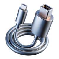 enchanting surreal Hyper-specific, professional render of a sleek, silver USB-C charging cable, coiled with Transparent Background fine detail png
