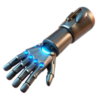 acclaimed modern Hyper-specific professional render of a single cybernetic prosthetic arm with exposed wiring and glowing LEDs, isolated cutout with Transparent Background premium png