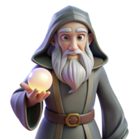 alluring rare Concept art style, isolated cutout of a grizzled old wizard with a long white beard, holding a glowing orb with Transparent Background png