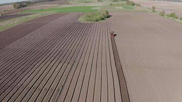 Aerial view of a tractor creating evenly spaced rows in a large field. video