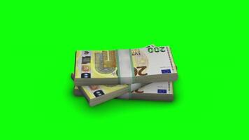 Stack of 200 EURO Bills 3D Seamless Rotating Loop Animation Isolated on Green Screen Background video