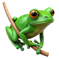captivating renaissance Isolated cutout of a photorealistic, ultra-detailed professional render of a single green tree frog clinging to a thin, bare branch with Transparent Background professional png