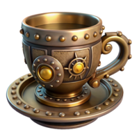 breathtaking organic Steampunk teacup with a saucer and intricate metal embellishments with Transparent Background crisp png
