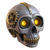 alluring unforgettable Steampunk skull with gears, clockwork, and glowing LED eyes with Transparent Background png