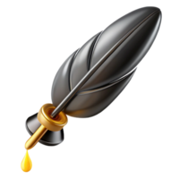 dynamic pristine Ultra-detailed, professional render of a solitary, floating, obsidian black feather pen, dripping with liquid gold ink with Transparent Background handcrafted png